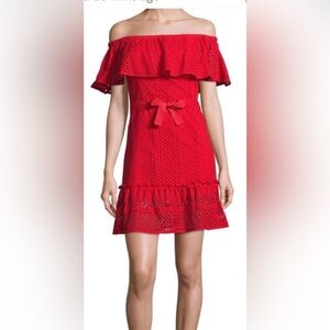 LIKELY Red Eyelet Dress Mini On Or Off Shoulder Cotton Woman’s Size 0